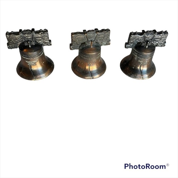 Brass Liberty Bell Set of 3 Bronze Patina Pass and Stone Vtg 1970’s Miniature - Picture 11 of 13